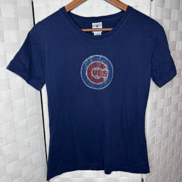 Soft As A Grape Tops - Chicago Cubs Navy Blue Rhinestone Logo T-Shirt Womens Medium MLB